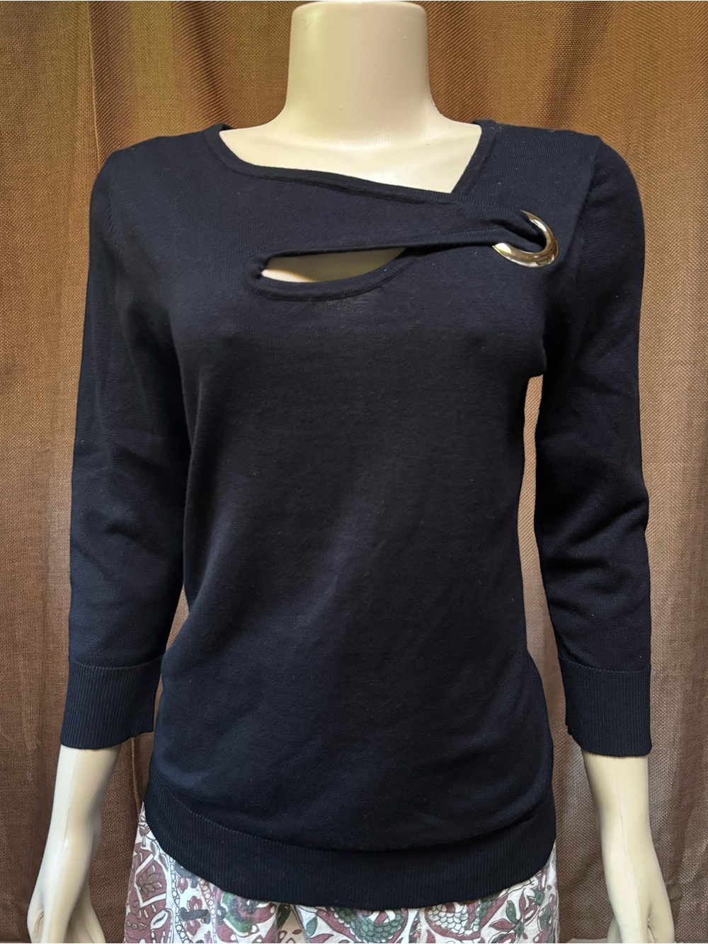 Cable & Gauge Black Cutout Knit Top with Silver Ring Accent